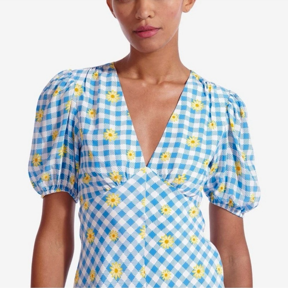 NWT STAUD Milla Mini Dress Gingham Daisy Plaid Blue and White Size 6 - Picture 2 of 12